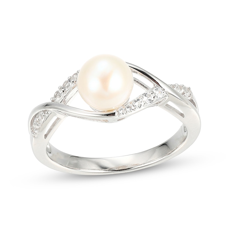 Cultured Pearl & White Lab-Created Sapphire Twist Shank Ring Sterling Silver