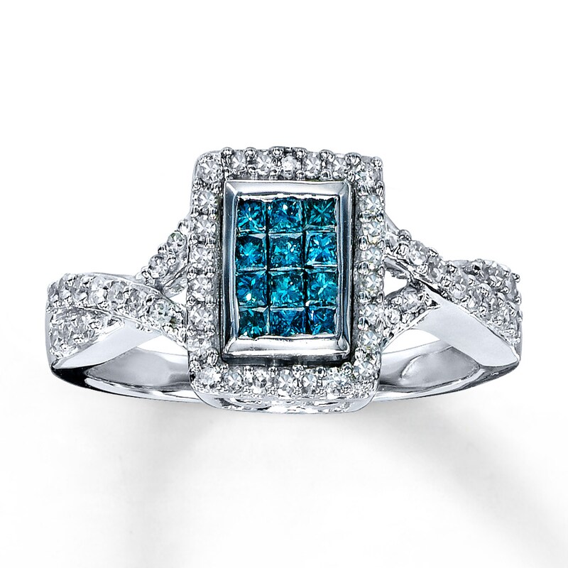 Main Image 1 of Blue Diamond Ring 1/2 ct tw Princess-cut 10K White Gold