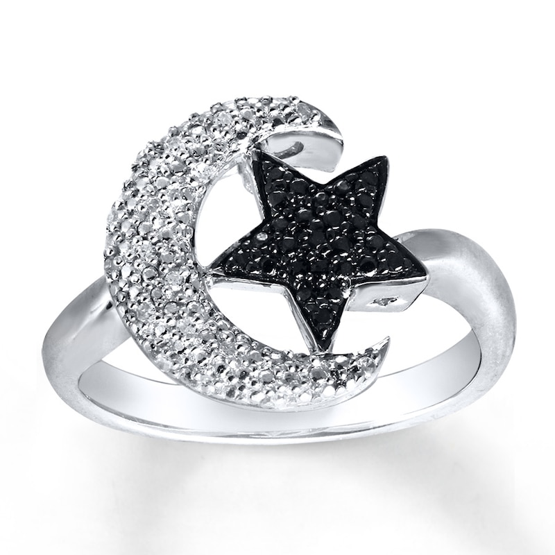 Moon & Star Ring 1/15 ct tw Black/White Sterling Silver