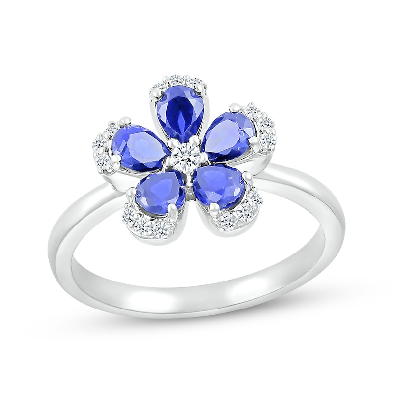 Pear-Shaped Blue Lab-Created Sapphire & White Lab-Created Sapphire Flower Ring Sterling Silver