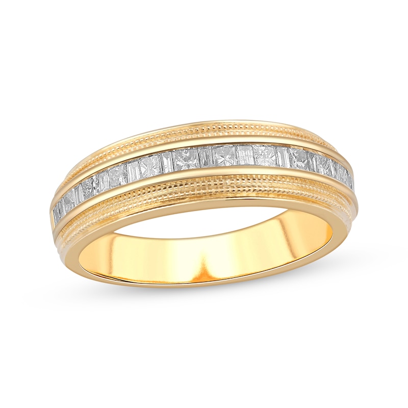 Main Image 1 of Men's Square & Baguette-Cut Diamond Channel Wedding Band 3/4 ct tw 10K Yellow Gold