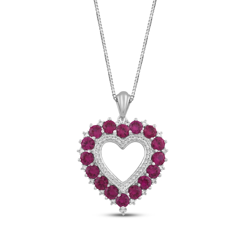 Lab-Created Ruby & White Lab-Created Sapphire Heart Necklace Sterling Silver 18"