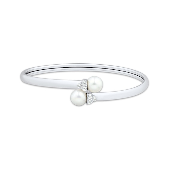 Cultured Pearl & White Lab-Created Sapphire Bypass Flex Bangle Bracelet Sterling Silver