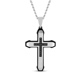 Men's Black Diamond Satin Finish Cross Necklace 1/6 ct tw Stainless Steel & Black Ion Plating 24"