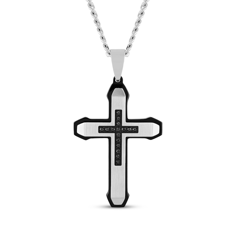 Main Image 1 of Men's Black Diamond Satin Finish Cross Necklace 1/6 ct tw Stainless Steel & Black Ion Plating 24"
