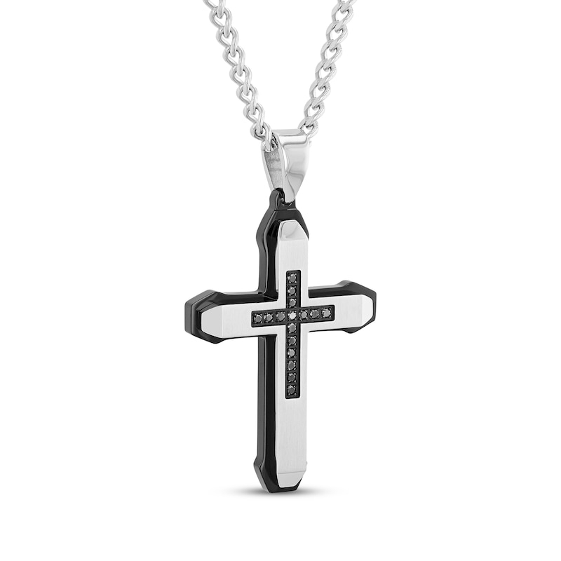 Main Image 2 of Men's Black Diamond Satin Finish Cross Necklace 1/6 ct tw Stainless Steel & Black Ion Plating 24"