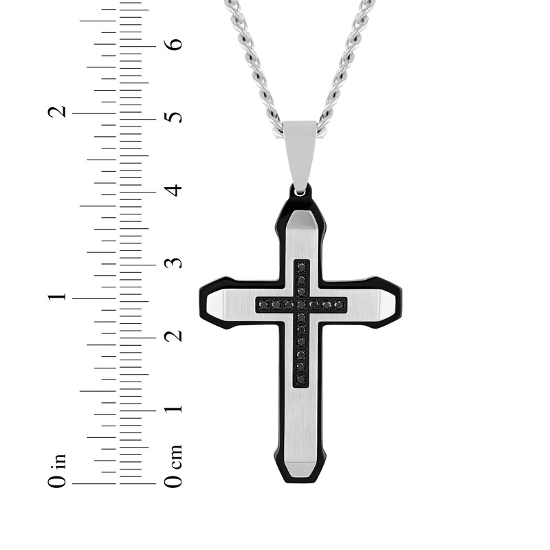 Main Image 4 of Men's Black Diamond Satin Finish Cross Necklace 1/6 ct tw Stainless Steel & Black Ion Plating 24"