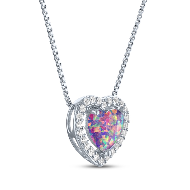 Heart-Shaped Lavender Lab-Created Opal & White Lab-Created Sapphire Necklace Sterling Silver 18"