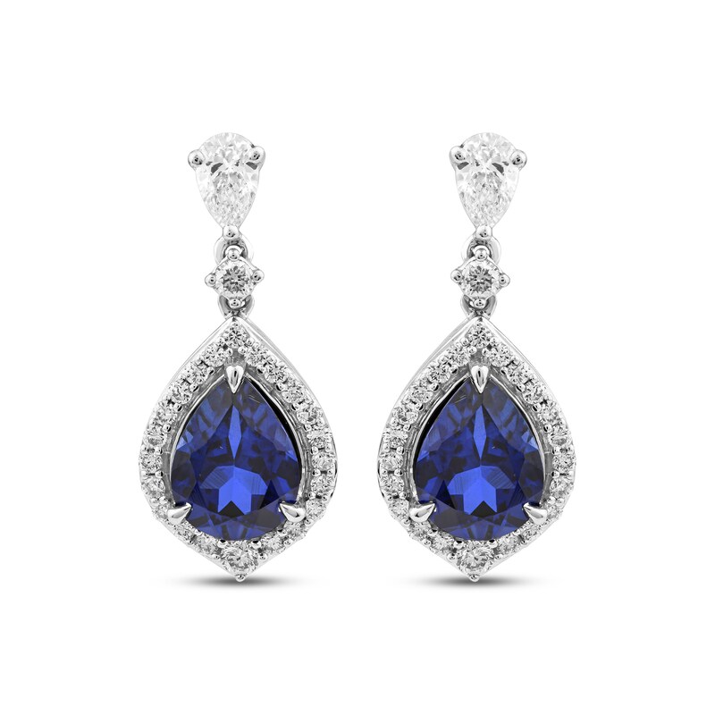 Pear-Shaped Blue Lab-Created Sapphire & Lab-Created Diamond Drop Earrings 5/8 ct tw 14K White Gold