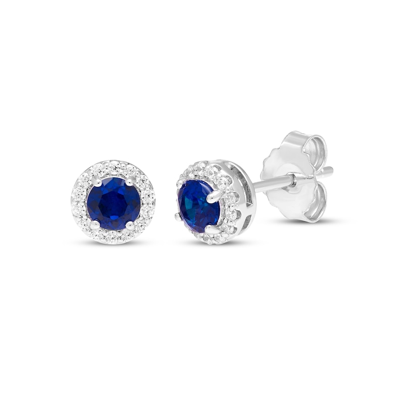 Main Image 1 of Blue & White Lab-Created Sapphire Halo Stud Earrings Sterling Silver