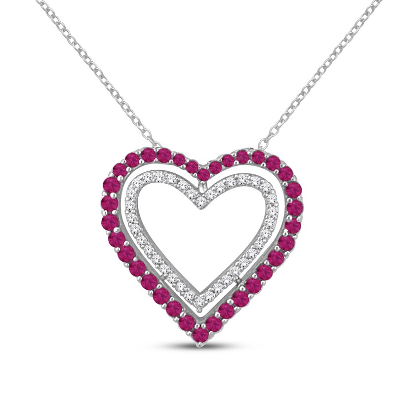 Main Image 1 of Lab-Created Ruby & White Lab-Created Sapphire Double Heart Outline Necklace Sterling Silver 18"