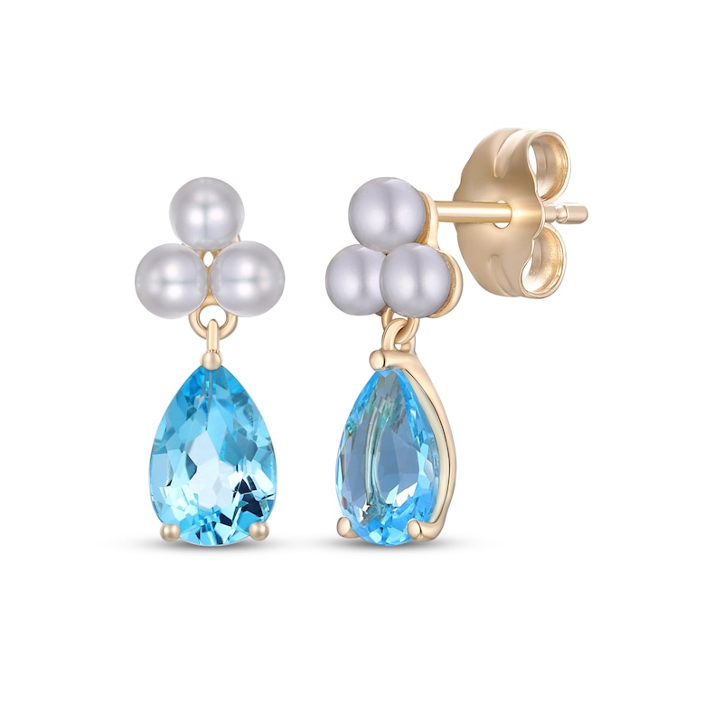 Main Image 1 of Pear-Shaped Swiss Blue Topaz & Cultured Pearl Dangle Earrings 10K Yellow Gold