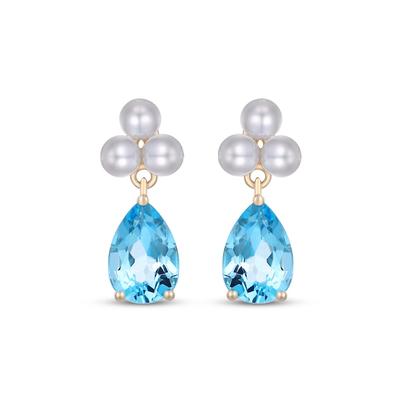 Main Image 2 of Pear-Shaped Swiss Blue Topaz & Cultured Pearl Dangle Earrings 10K Yellow Gold