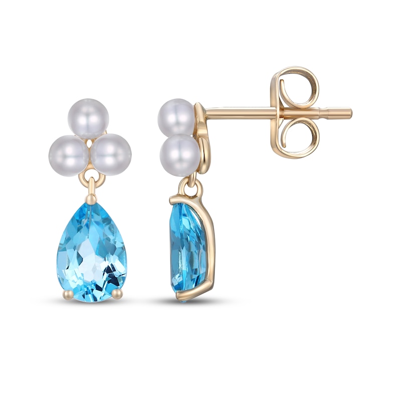 Main Image 3 of Pear-Shaped Swiss Blue Topaz & Cultured Pearl Dangle Earrings 10K Yellow Gold