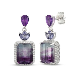 Emerald-Cut Fluorite, Iolite, Amethyst & White Lab-Created Sapphire Dangle Earrings Sterling Silver