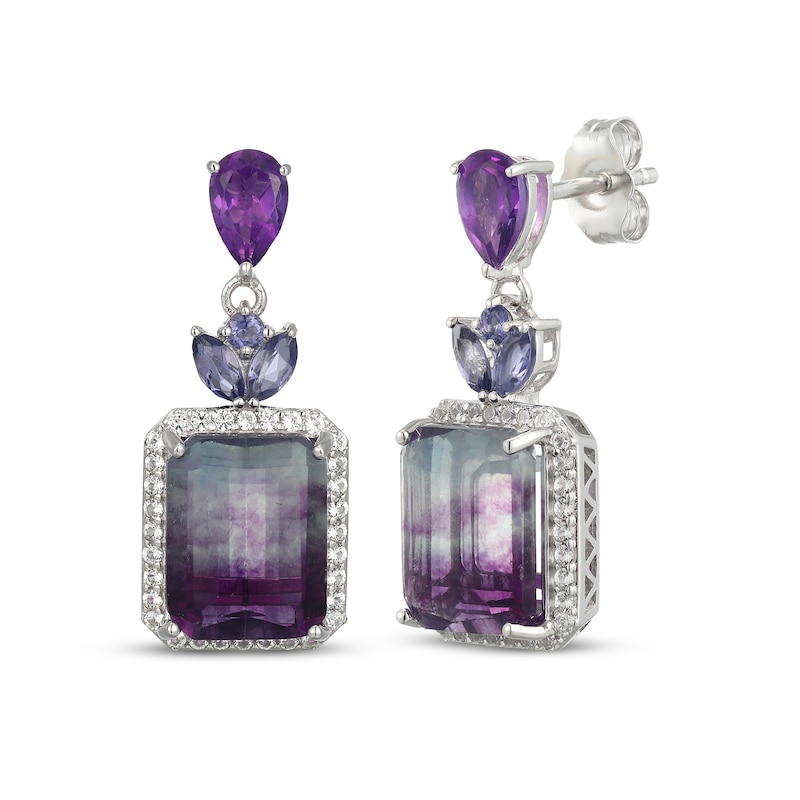 Main Image 1 of Emerald-Cut Fluorite, Iolite, Amethyst & White Lab-Created Sapphire Dangle Earrings Sterling Silver