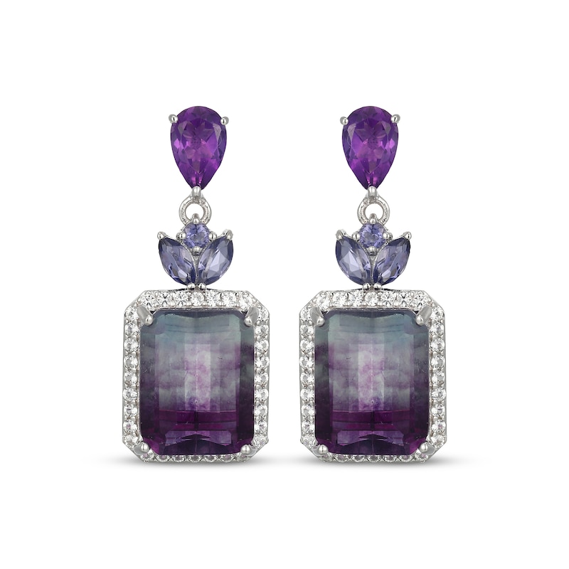 Main Image 2 of Emerald-Cut Fluorite, Iolite, Amethyst & White Lab-Created Sapphire Dangle Earrings Sterling Silver