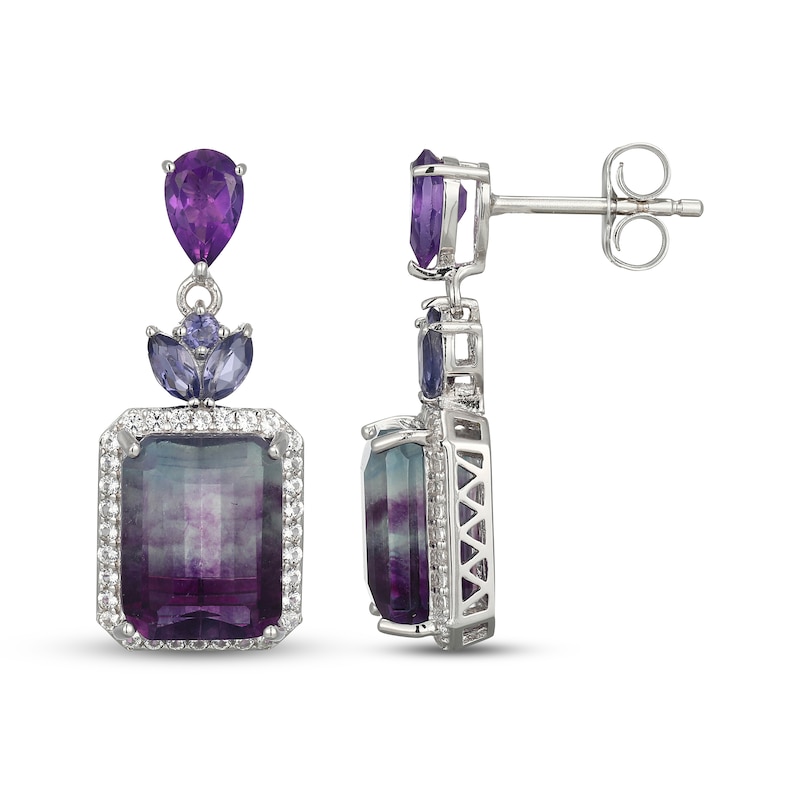 Main Image 3 of Emerald-Cut Fluorite, Iolite, Amethyst & White Lab-Created Sapphire Dangle Earrings Sterling Silver