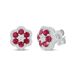 Lab-Created Ruby & White Lab-Created Sapphire Flower Earrings Sterling Silver