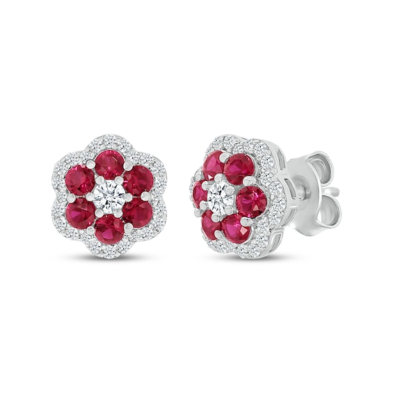 Lab-Created Ruby & White Lab-Created Sapphire Flower Earrings Sterling Silver