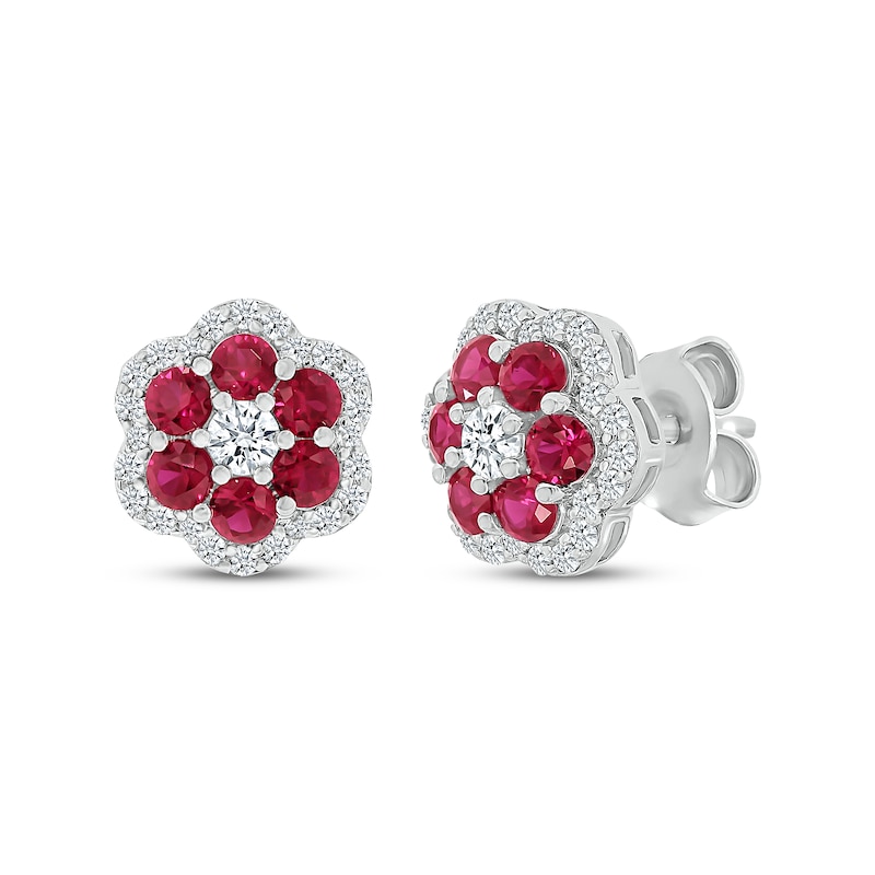 Main Image 1 of Lab-Created Ruby & White Lab-Created Sapphire Flower Earrings Sterling Silver