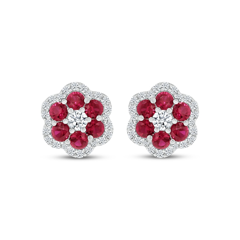 Main Image 2 of Lab-Created Ruby & White Lab-Created Sapphire Flower Earrings Sterling Silver