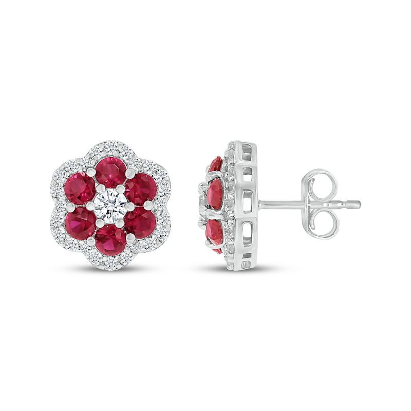 Main Image 3 of Lab-Created Ruby & White Lab-Created Sapphire Flower Earrings Sterling Silver