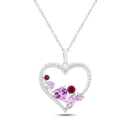 Multi-Shape Pink & White Lab-Created Sapphire, Lab-Created Ruby Heart Necklace Sterling Silver 18"