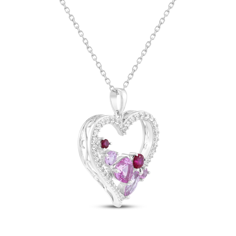Main Image 2 of Multi-Shape Pink & White Lab-Created Sapphire, Lab-Created Ruby Heart Necklace Sterling Silver 18"
