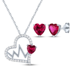 Heart-Shaped Lab-Created Ruby & White Lab-Created Sapphire Heartbeat Gift Set Sterling Silver
