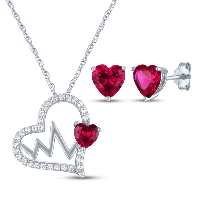 Main Image 1 of Heart-Shaped Lab-Created Ruby & White Lab-Created Sapphire Heartbeat Gift Set Sterling Silver