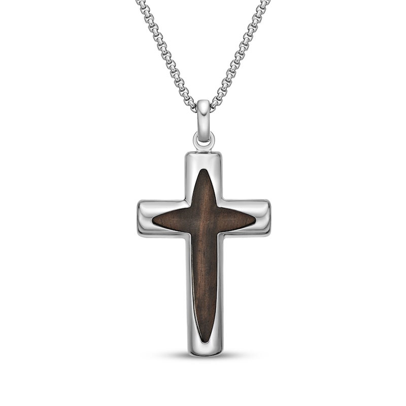 Main Image 1 of Men's Wood Cross Necklace Stainless Steel 24"