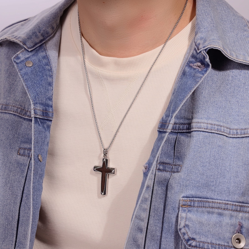 Main Image 4 of Men's Wood Cross Necklace Stainless Steel 24"