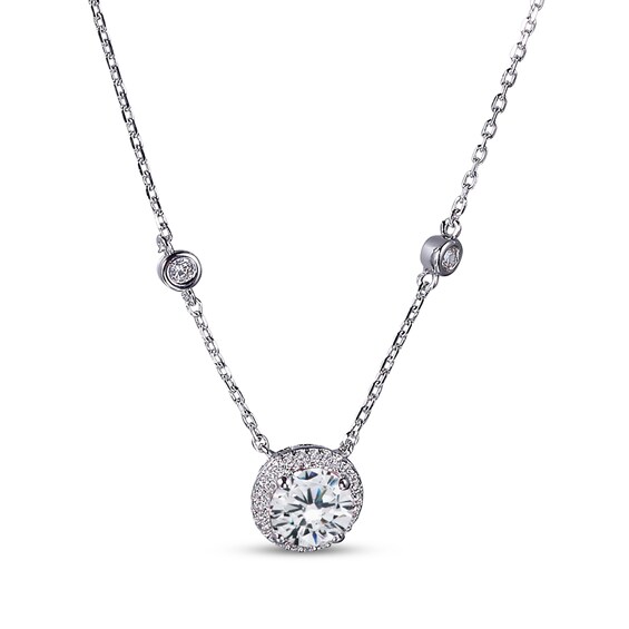White Lab-Created Sapphire Halo & Bezel Station Necklace Sterling Silver 18"