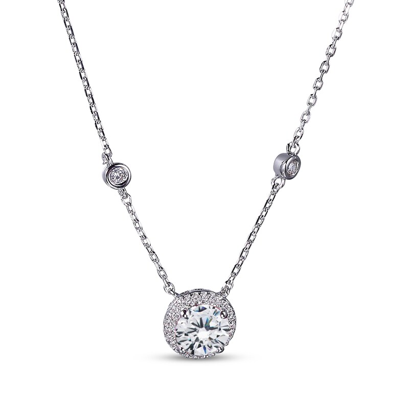 Main Image 1 of White Lab-Created Sapphire Halo & Bezel Station Necklace Sterling Silver 18"