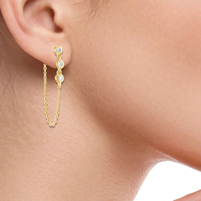 Main Image 3 of Bezel-Set Diamond Front-Back Chain Dangle Earrings 1/10 ct tw 14K Yellow Gold
