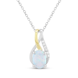 Oval-Cut Lab-Created Opal & White Lab-Created Sapphire Necklace Sterling Silver & 10K Yellow Gold 18"