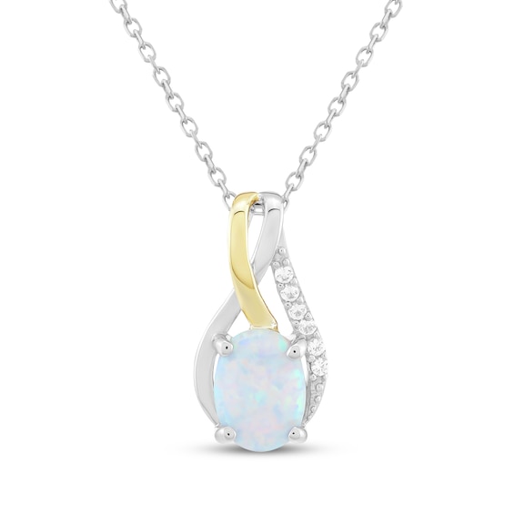 Oval-Cut Lab-Created Opal & White Lab-Created Sapphire Necklace Sterling Silver & 10K Yellow Gold 18"