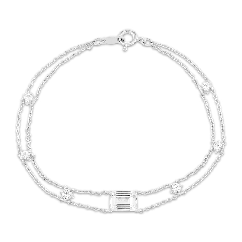 Main Image 1 of Emerald-Cut White Lab-Created Sapphire Double-Strand Bracelet Sterling Silver 7.25"