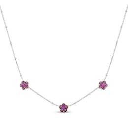 Barbie Pink Lab-Created Sapphire Flower Choker Necklace Sterling Silver & 10K Rose Gold 15"