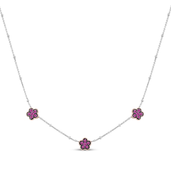 Barbie Pink Lab-Created Sapphire Flower Choker Necklace Sterling Silver & 10K Rose Gold 15"