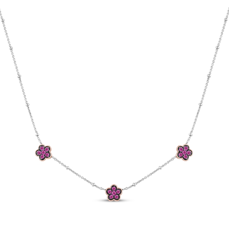 Main Image 1 of Barbie Pink Lab-Created Sapphire Flower Choker Necklace Sterling Silver & 10K Rose Gold 15"