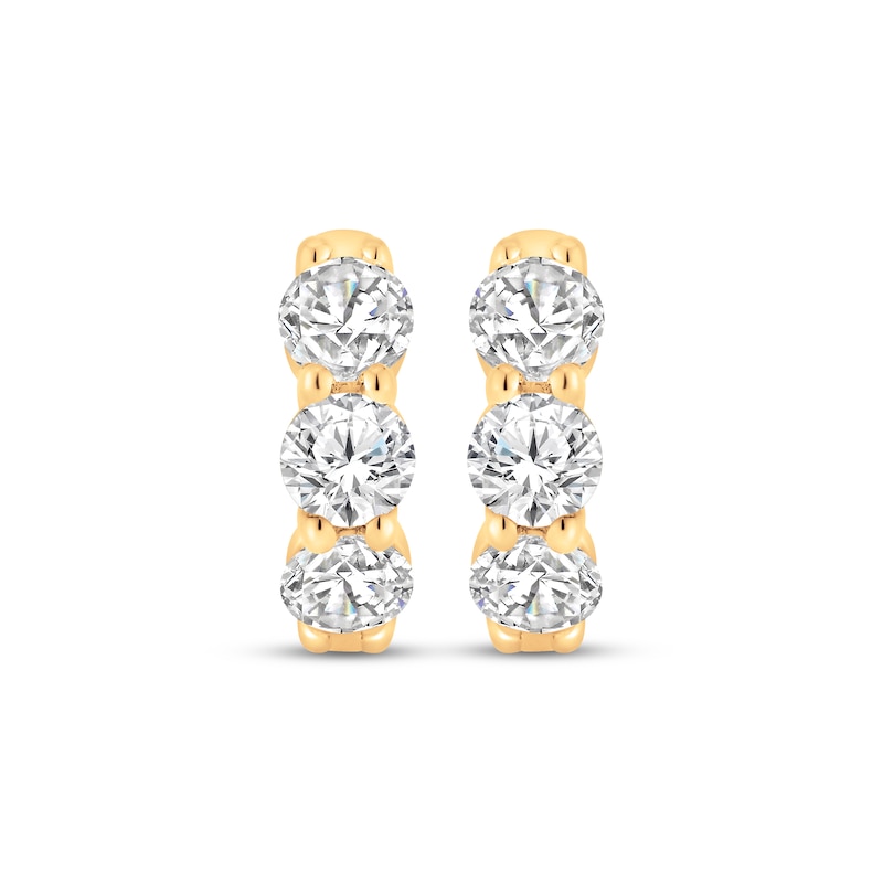 Main Image 2 of Memories Moments Magic Lab-Grown Diamond Three-Stone Hoop Earrings 1-1/2 ct tw 10K Yellow Gold