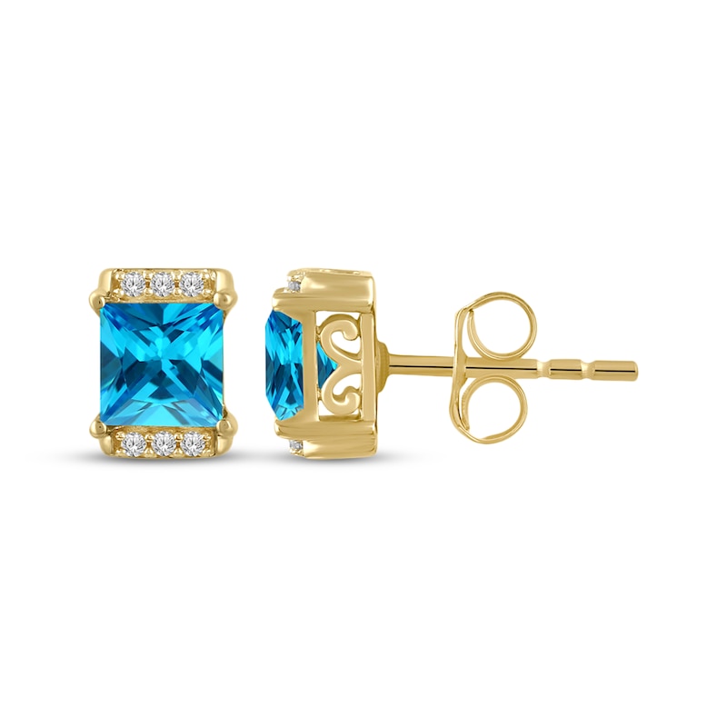 Main Image 3 of Square Emerald-Cut Swiss Blue Topaz & White Lab-Created Sapphire Stud Earrings 24K Yellow Gold Vermeil Sterling Silver