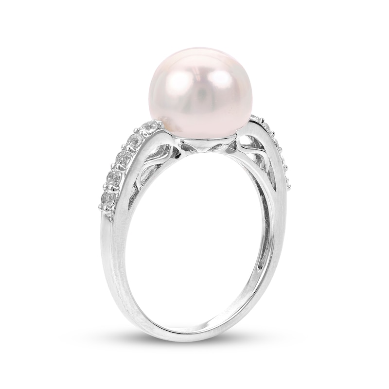 Main Image 2 of Cultured Pearl & White Lab-Created Sapphire Ring Sterling Silver