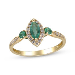 Marquise-Cut Natural Emerald & Diamond Ring 1/6 ct tw 10K Yellow Gold