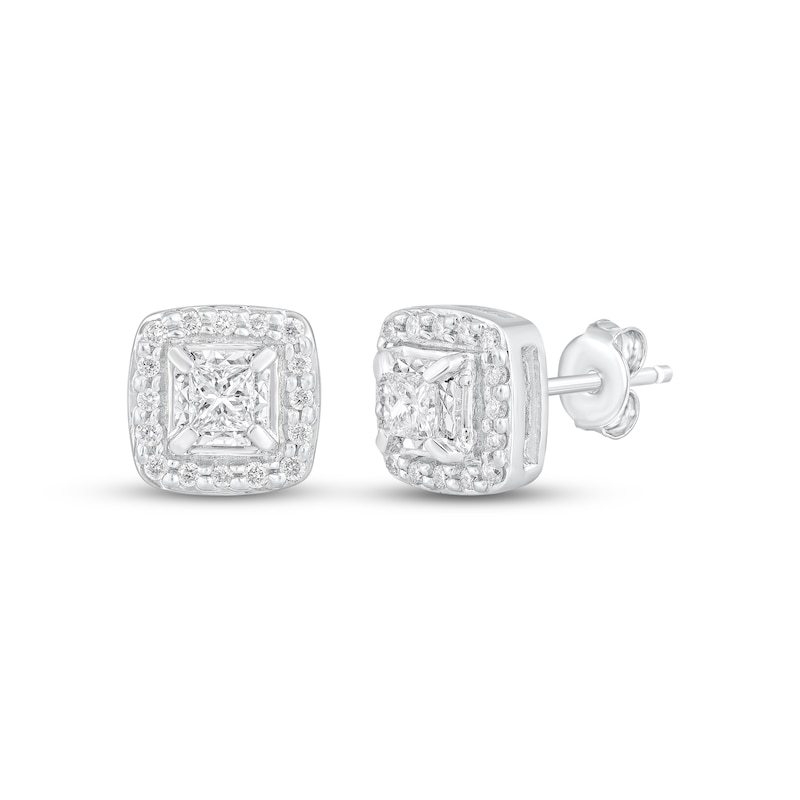 Main Image 1 of Princess-Cut Diamond Halo Stud Earrings 1/4 ct tw 10K White Gold