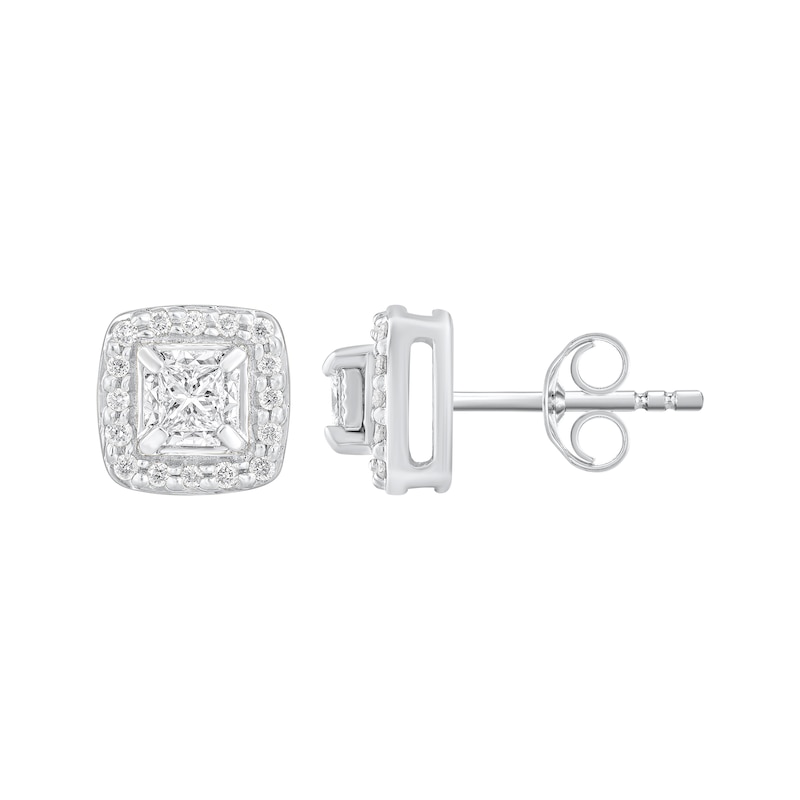 Main Image 3 of Princess-Cut Diamond Halo Stud Earrings 1/4 ct tw 10K White Gold