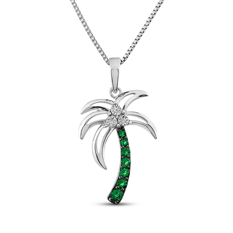 Main Image 1 of Lab-Created Emerald & Diamond Accent Palm Tree Necklace Sterling Silver 18"