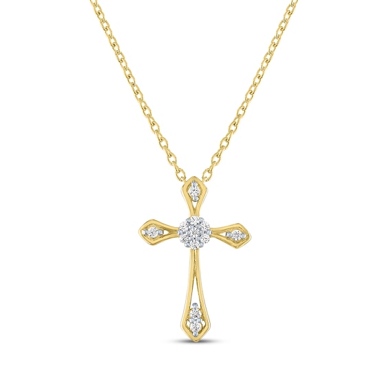Multi-Diamond Center Cross Necklace 1/10 ct tw 10K Yellow Gold 18"
